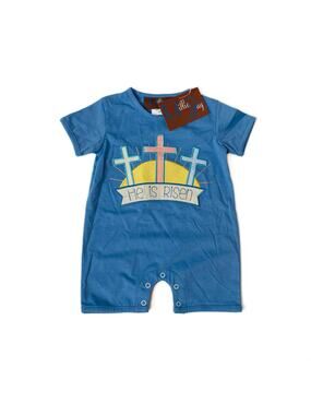 NWT Millie Jay 3M He Is Risen Blue Romper